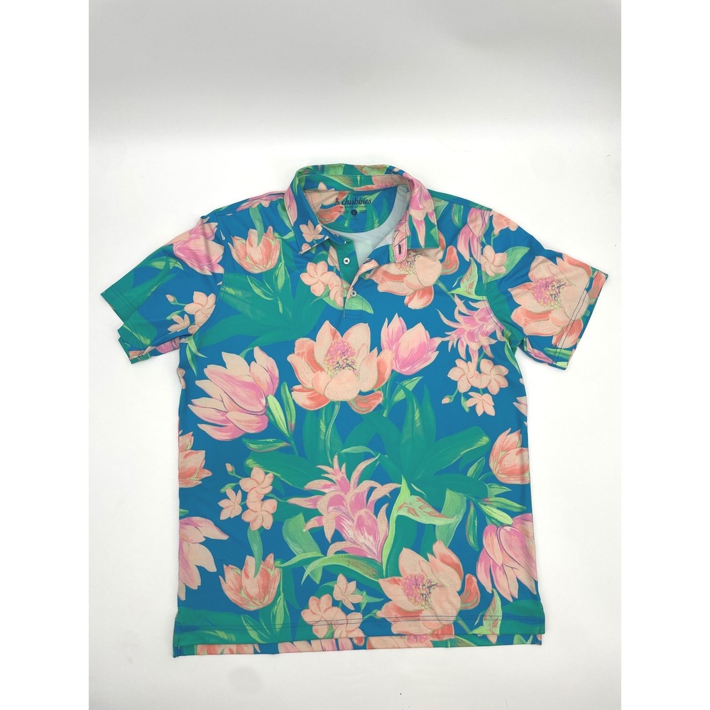 Chubbies Polo Shirt Mens Large Blue Floral Golf Performance Polo Tropical L